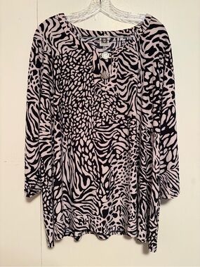 Anne Klein Black & Light Pink Animal-Print Tunic with Decorative Buttons